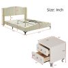 3 Pieces Bedroom Set with Queen Size PU Leather Upholstered Platform Bed and Elegant PU Nightstand with 2 Drawers , Beige