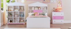 3-Pieces Bedroom Sets, Twin Size House-Shaped Wooden Bed with Storage Drawers, Nightstand with Colorblock Design and House-shaped Stroage Rack