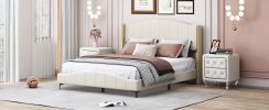 3 Pieces Bedroom Set with Queen Size PU Leather Upholstered Platform Bed and Elegant PU Nightstand with 2 Drawers , Beige
