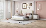 3 Pieces Bedroom Set with Queen Size PU Leather Upholstered Platform Bed and Elegant PU Nightstand with 2 Drawers , Beige