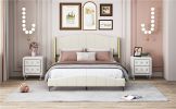 3 Pieces Bedroom Set with Queen Size PU Leather Upholstered Platform Bed and Elegant PU Nightstand with 2 Drawers , Beige